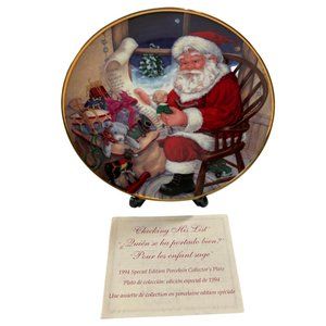 Vintage Porcelain "Checking His List" Collectors Plate w/ Stand